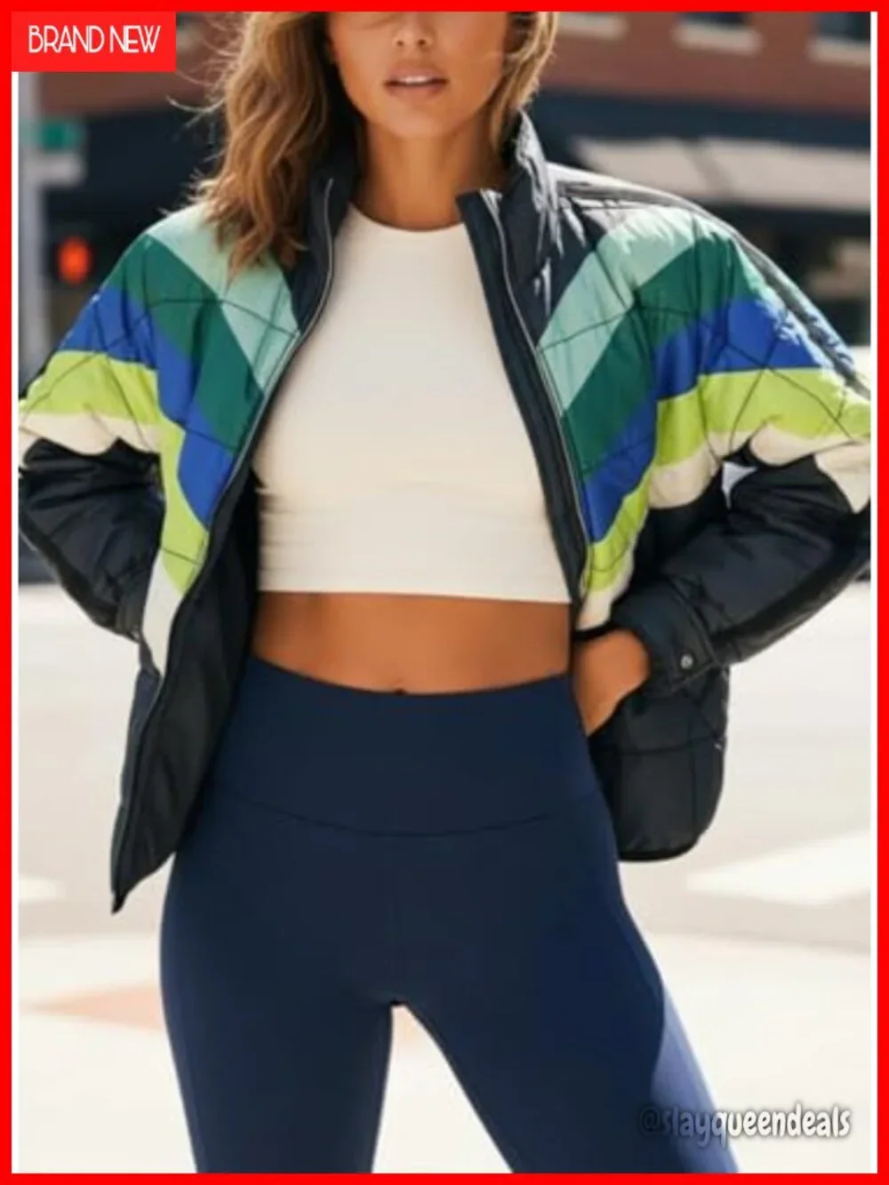 Quilted Puffer Jacket Lightweight Padded Coat Snap Cuffs High Collar Long Sleeve